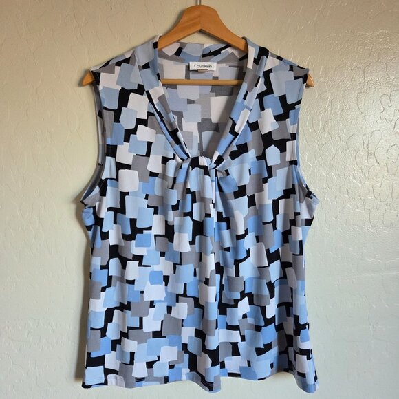Calvin Klein Geometric Print Twist Knot V-Neck Blouse Blue Sleeveless Womens XL - Picture 1 of 9